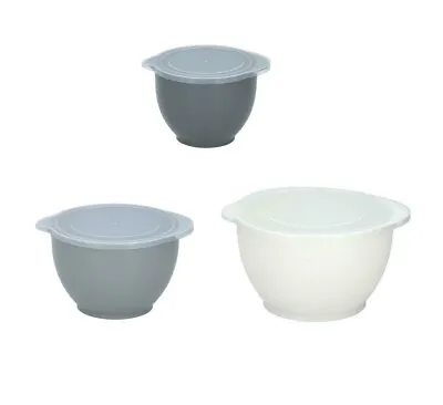 3 Piece Mixing Bowl Set Plastic With Pouring Lip & Lids Baking Cooking Kitchen • £10.99