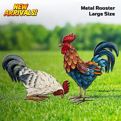 Realistic Metal Rooster Statue Colorful Chicken Sculptures Garden Yard Art Decor • $149.31