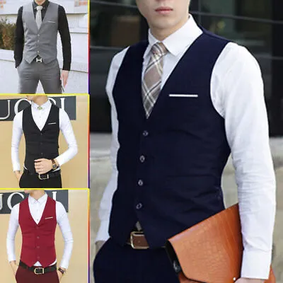 Mens Waistcoat Formal Business Suit Retro Vest Slim Wedding Casual Coat Tops • £12.75