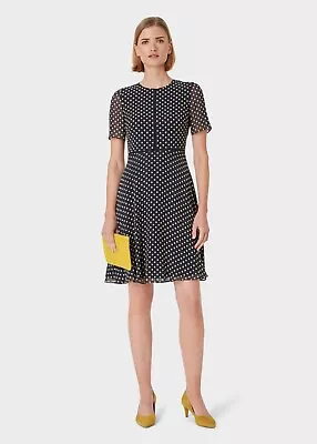 Hobbs Fit&flare Clipped Dobby Jacquard CECILY DRESS In MIDNIGHT YELLOW UK Size 8 • £69.95