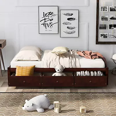 Twin Storage Bed With Drawers Wood Bed Frame With Wood Slat Support/No Box Spri • $341.99