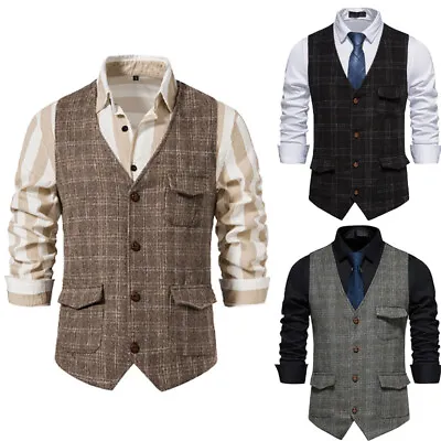 Mens Herringbone Tweed Lapel Wool Waistcoat V-Neck Vest Vintage Suit New • £13.99