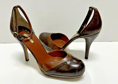 Max Studio Womens 5.5M Brown Leather Ankle Strap Platform Pumps EUC • $19.95