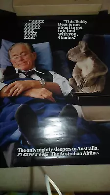 Qantas Airline Vintage Poster With Koala Bear In Seat Next To Sleeping Man • $75