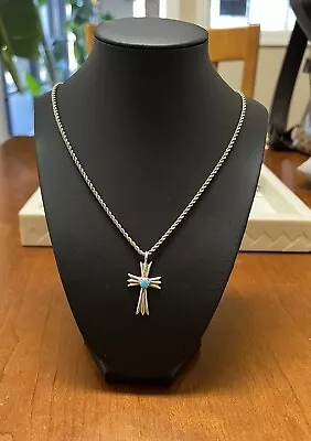 Vintage Navajo Stamped Sterling Silver Turquoise Cross Pendant HT 20” 12.9Grams • $140