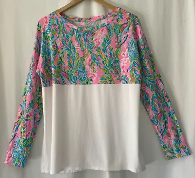 LILLY PULITZER Size M FINN Tee Shirt Top Long Sleeves Mermaid Floral Print • $22.50