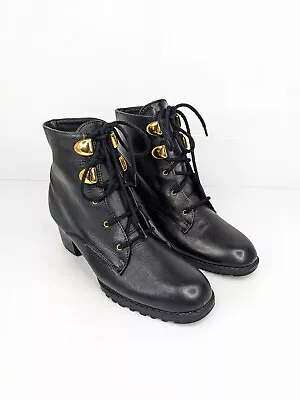 Vintage 80s CANDA Ladies Black Lace Up Leather Ankle Boots Size 36 Rock Grunge • $45