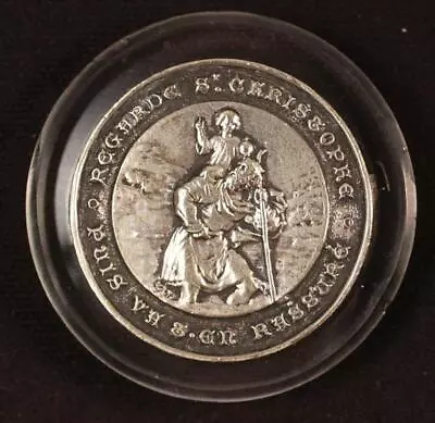 Vintage St Christopher Medal In French Mounted  Clear Plastic Disc Silver Metal • $29.95