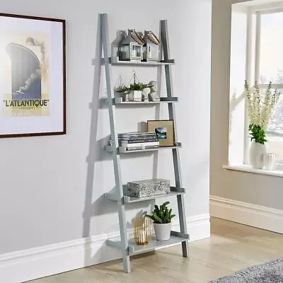 Grey Ladder Shelving Unit 5 Tier Display Stand Book Shelf Wall Rack Storage • £36.99