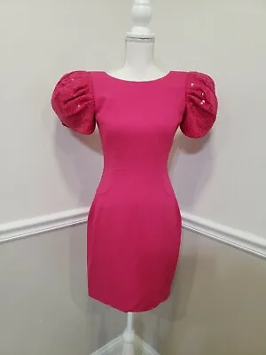 Vintage Morton Myles Sequins Puffs Sleeve Fuchsia Dress Size 4 • $27