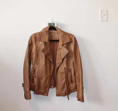 $25 • Buy MAX STUDIO Womens Size Small Tan / Cognac Washed Faux Leather Moto Jacket