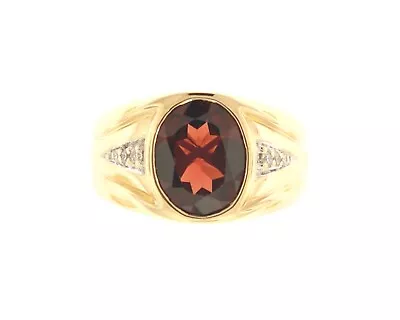 Mens 14K Yellow Gold Bezel Set Oval Garnet & Round Diamond Ring  • $625