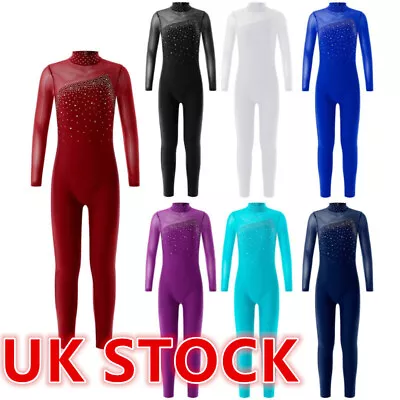 UK Girls Ice Skating Jumpsuit Turtleneck Long Sleeve Leotard Bodysuit Dancewear • £18.99
