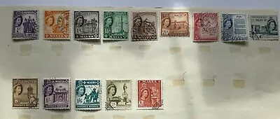 Malta QEII 1956-58 Definitive Stamp Set (14) Used Hinged To A Page. • $1.25