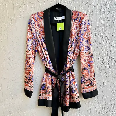 NWOT Zara Long Sleeve Paisley Print Tie Waist Shawl Blazer Multicolor Women's XS • $69