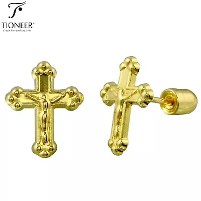 $25.19 • Buy Jesus Cross Solid 14k Gold Religious Catholic Crucifix Screw Back Stud Earrings