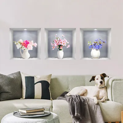 3 Pcs 3D Flower Vase Vinyl Stickers Living Room Wall Art Decals Decor 32x32cm • £5.99