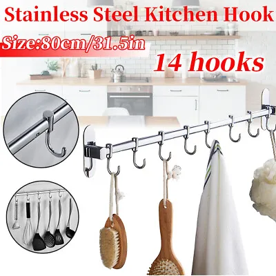 31.5in Wall Mount Pot Pan Rack 14 Hook Holder Hanging Kitchen Cookwar US HOT • $23.99