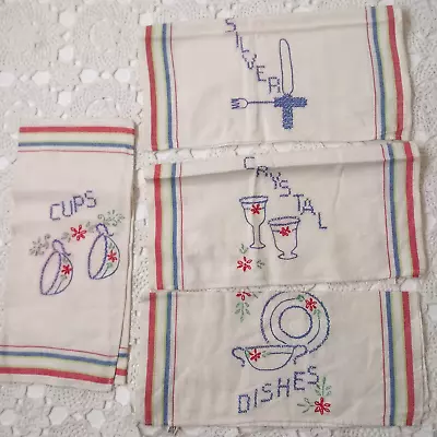 Vtg Kitchen Towel Lot X 4 Hand Embroidered Dishes Cups Silver Ivory Linen Canon • $19.99