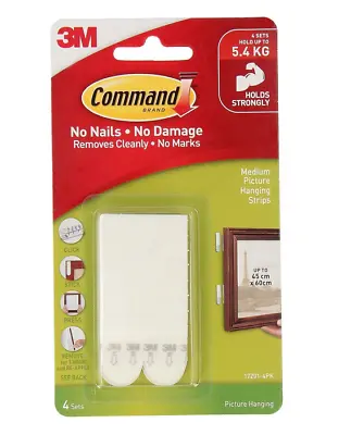 3M Command Hooks Picture Hanging Strips Medium White Adhesive Tape Loop 5.4kg • $15.90