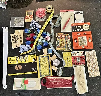 Vintage Lot Of Sewing Notions Assorted Buttons Thread Zippers Binding Eyelet • $14