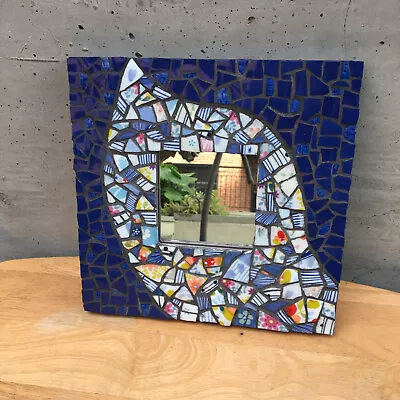 Handmade Handcrafted Mosaic Tile Frame Abstract Wall Art Blue Cobalt Boho Mirror • $23.95