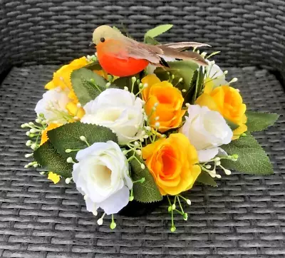 Artificial Silk Flowers Memorial Crem Pot With Robin Grave Arrangement • £11.99