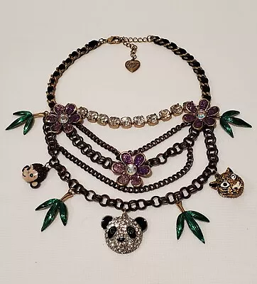 Betsey Johnson Jungle Multi-Tier Necklace Panda Monkey Tiger Flowers Rhinestones • $65