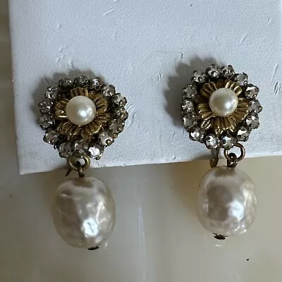 Signed Miriam Haskell Earrings Baroque Pearl Drops Filigree Vintage Screwback • $5.50