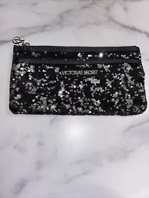 Victoria's Secret Black Sequin Wristlet Purse Make Up Bag~Silver Accents~Zip • $8