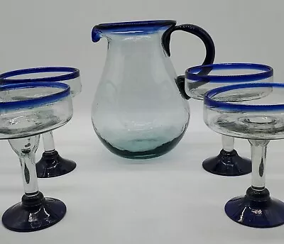 Large Hand Blown Mexican Bubble Glass Pitcher Water Margarita W/ Glasses Pier 1 • $60