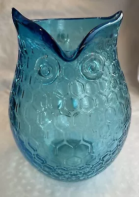 Turquoise Blue Glass Owl Pitcher Honeycomb Design 8.5” Vintage Mid Century Mod • $24.99