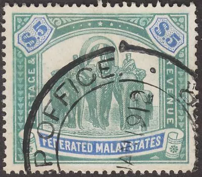 Federated Malay States 1912 Elephants $5 Green + Blue Fiscally Used SG50 C£200 P • $1.87