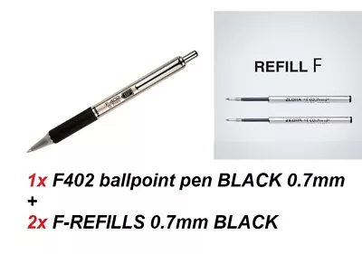 ZEBRA F402 Stainless Steel Retractable Ballpoint Ink 0.7mm BLACK + 2x F-REFILLS • $14.95