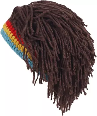 Men Knit Hat With Hair Boys Funny Handmade Knitting Winter Hat Beanie Rasta Hat  • $31.12