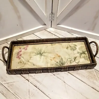 Vintage Wood/Wicker Framed Handled Tray W/Floral Fabric Under Glass Rectangle  • $16.20