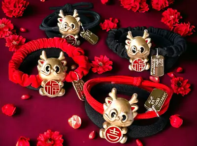 Lunar Chinese New Year 2024 Year Of Dragon Red Black Gold Hair Tie Hair Scrunchi • $9.99