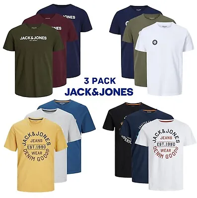 Mens T-Shirt Jack & Jones 3 Pack Plain Logo Branded Cotton Tee Top Casual S-2XL • £22.99