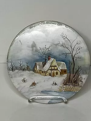 H & R Johnson Ltd Round Hand Painted Tile Winter Chalet Signed 6  • $11.33