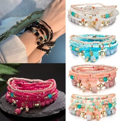 8Pcs/Set Boho Multilayer Crystal Bangle Beaded Bracelet Women Jewellery Gift New • $2.85