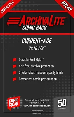 Current Age MYLAR Comic Bags (50) - Comic Clear - RESEALABLE Closure Type • $19.99