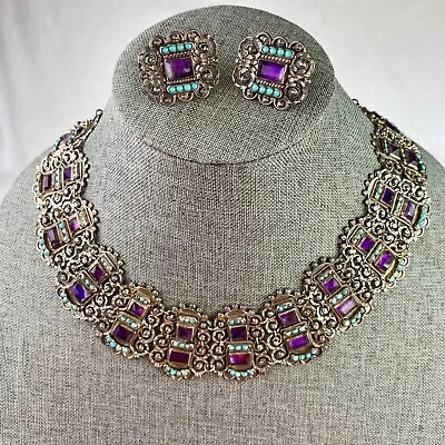 Vintage 925 Silver Amethyst & Turquoise Necklace & Earrings Set Signed Ricardo S • $3500