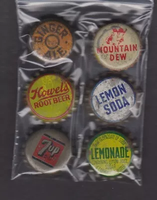 6 Cork Back Soda Bottle Caps Mountain Dew 7-up Lemonade Howel's Root Beer Lemon • $12