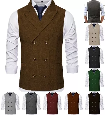 Double-Breasted Mens Vest Tweed Herringbone Waistcoat Vintage Wedding Wool Retro • $48.39