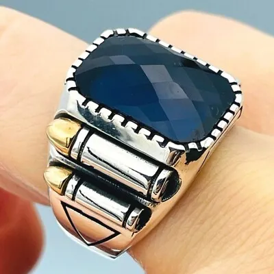 Blue Sapphire Sqaured Stone Men's Silver Ring925K Sterling SilverMens Jewelry • $55
