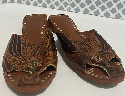 Vintage INDIA SANDAL SHOES Leather PEEP Toe JUTTI PUNJABI MOJARI Handmade BOHO 6 • $13.95