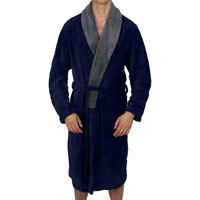 Mens- ROBE -Bathrobe   -Coral Fleece Super Soft-   Navy / Grey -  5 Day Delivery • $28.49