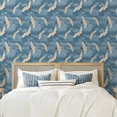 Oriental Japanese Birds Cranes Sky Blue White Metallic Silver Wallpaper • £9.44