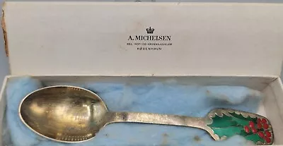 Michelsen Sterling Silver 1946 Christmas Spoon Gold Wash Enamel Holly Design  • $180