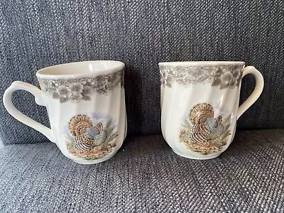 2) Churchill Myott Wild Turkey Mugs Thanksgiving  Sepia 8  Gray Border • $13